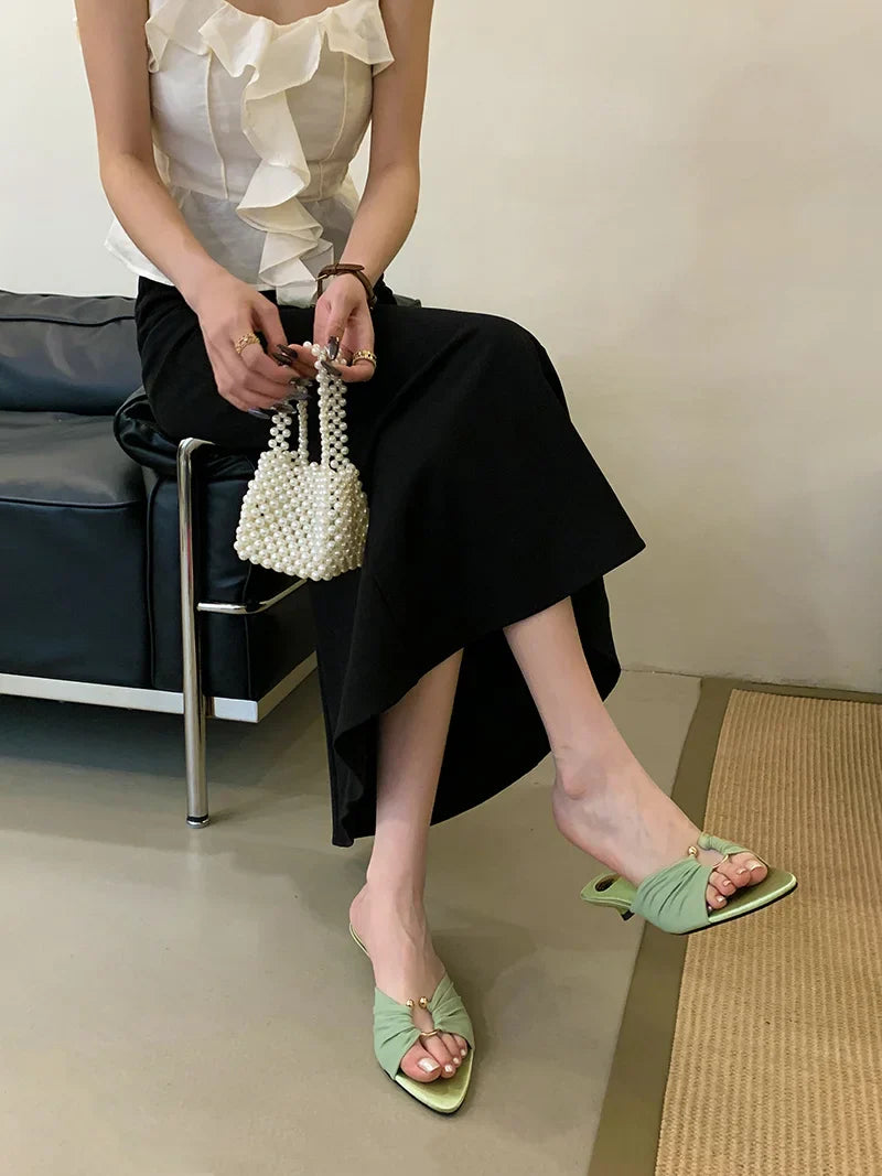 Pleated Silk Hollow Out Metal Buckle Slippers Sandal Pointed Toe Low Thin Heels Beach Party