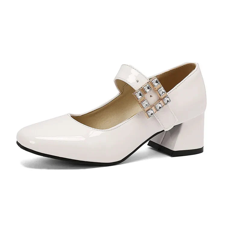Plus Size 48 Patent Leather Mary Jane Shoes Sparkly Crystal Rhinestone Burgundy White Block Heel Pumps Party Shoe