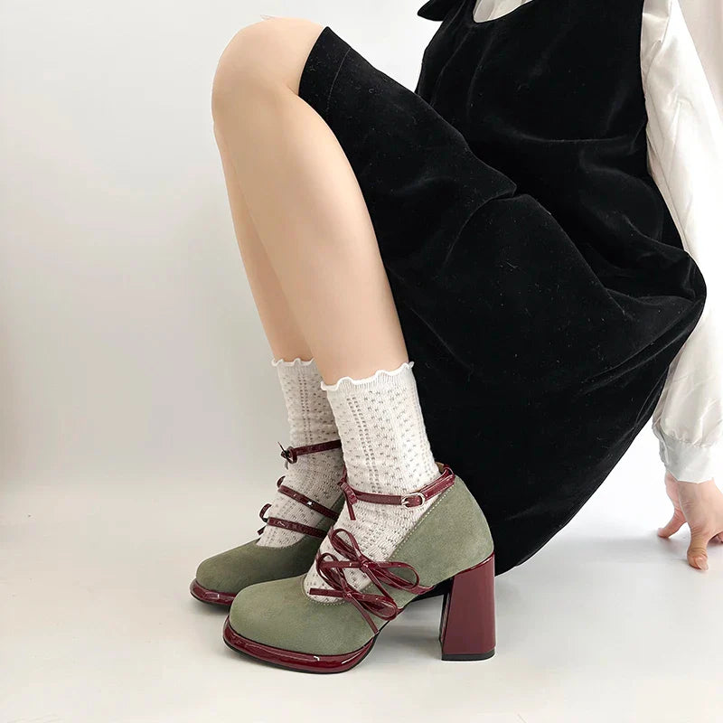 Thick Heel Mary Jane Shoes Butterfly-knot Buckle Strap Shoes Elegant Party Dress Pumps