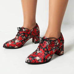 Bohemian Style Printed Fabric Lace Up High Heeled Shoess Round Toe Cross Tied Pumps Casual Oxfords 35-48
