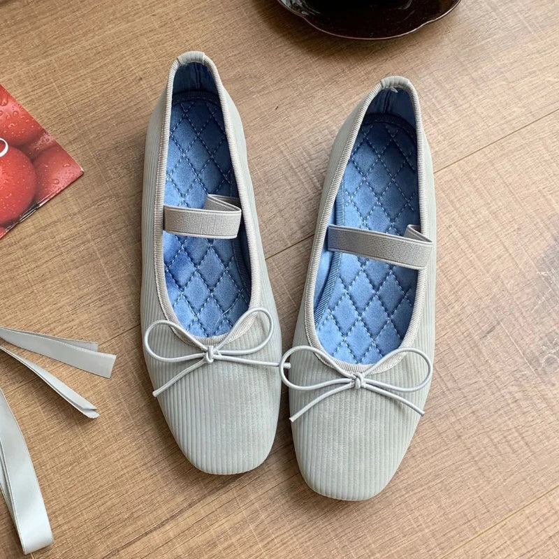 Sweet Butterfly Knot Stripe Design Mary Jane Shoes Comfortable Suede Elastic Band Casual Flats Elegant Brand Shoe