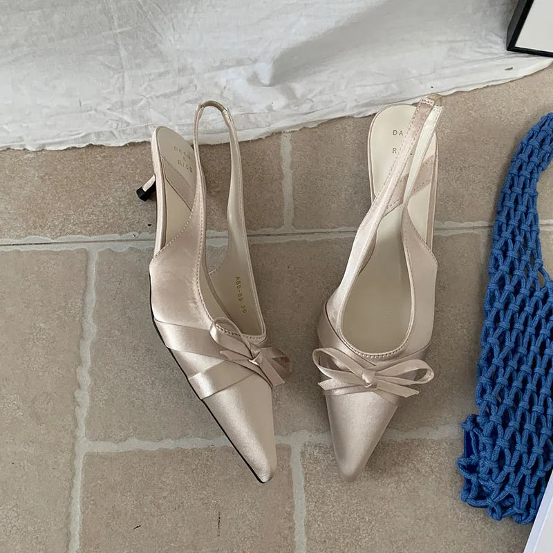 Butterfly-Knot Medium Heels Pumps Shoes Slingbacks Footwear Shallow Thin Heels Shoes Sandals