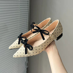 Cute Bow Double Buckle Low Heel Pumps Polka Dot Pointed Toe Shoes Comfort Soft Sole Commuter Office Shoes