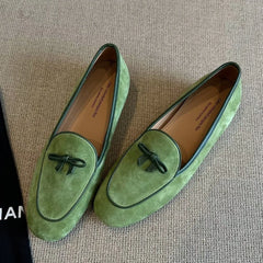 Suede Loafers shoes with Genuine Leather Bow Decoration Flat Shoes Comfortable Shallow Mouth Shoes