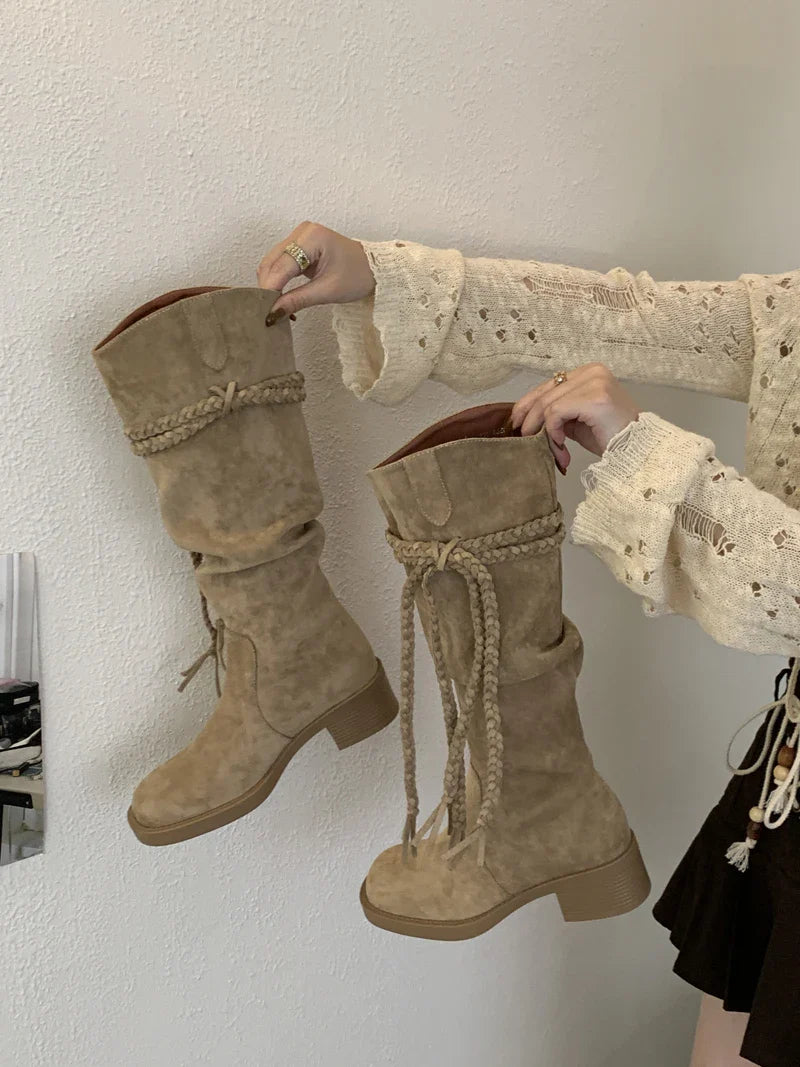 Brown Suede Boots Woman Round Toe Fall Gothic Shoes Chunky Heels Knee High Boots Western Style Shoes