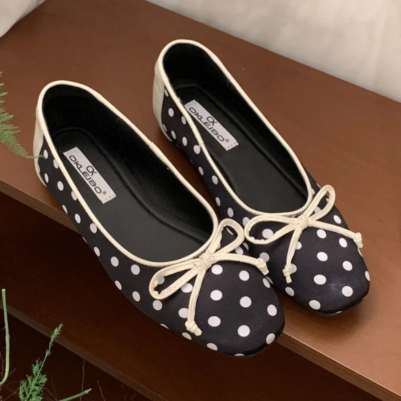 Polka Dot Butterfly-Knot Ballet Flats Round Toe Shallow Comfort Casual Satin Elegant Footwear