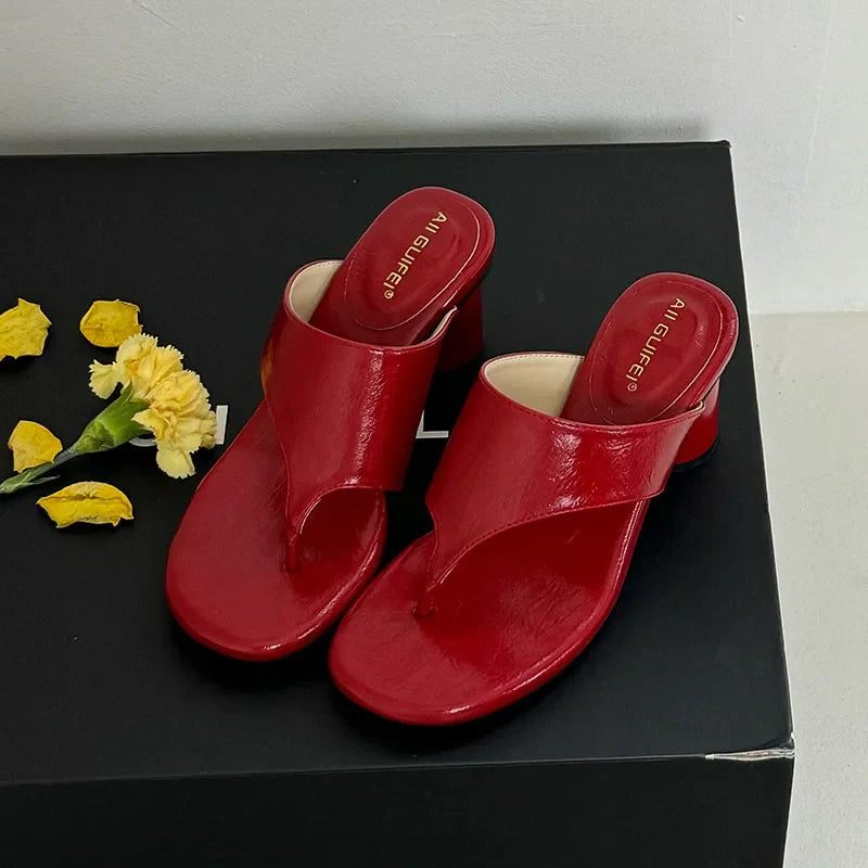 Red Footwear Round Heels Slippers Flip flops Elegant Heeled Sandals Slides