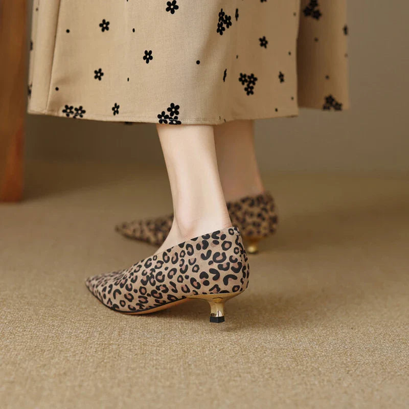 Real sheep leather leopard pointed toe slip on pumps