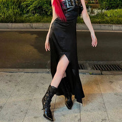 Punk Mid Calf Boots Pointed Toe Metal Stiletto Heels Belt Buckle Detail Lace Up Rubber Sole Cowboy Cool Girl Shoes