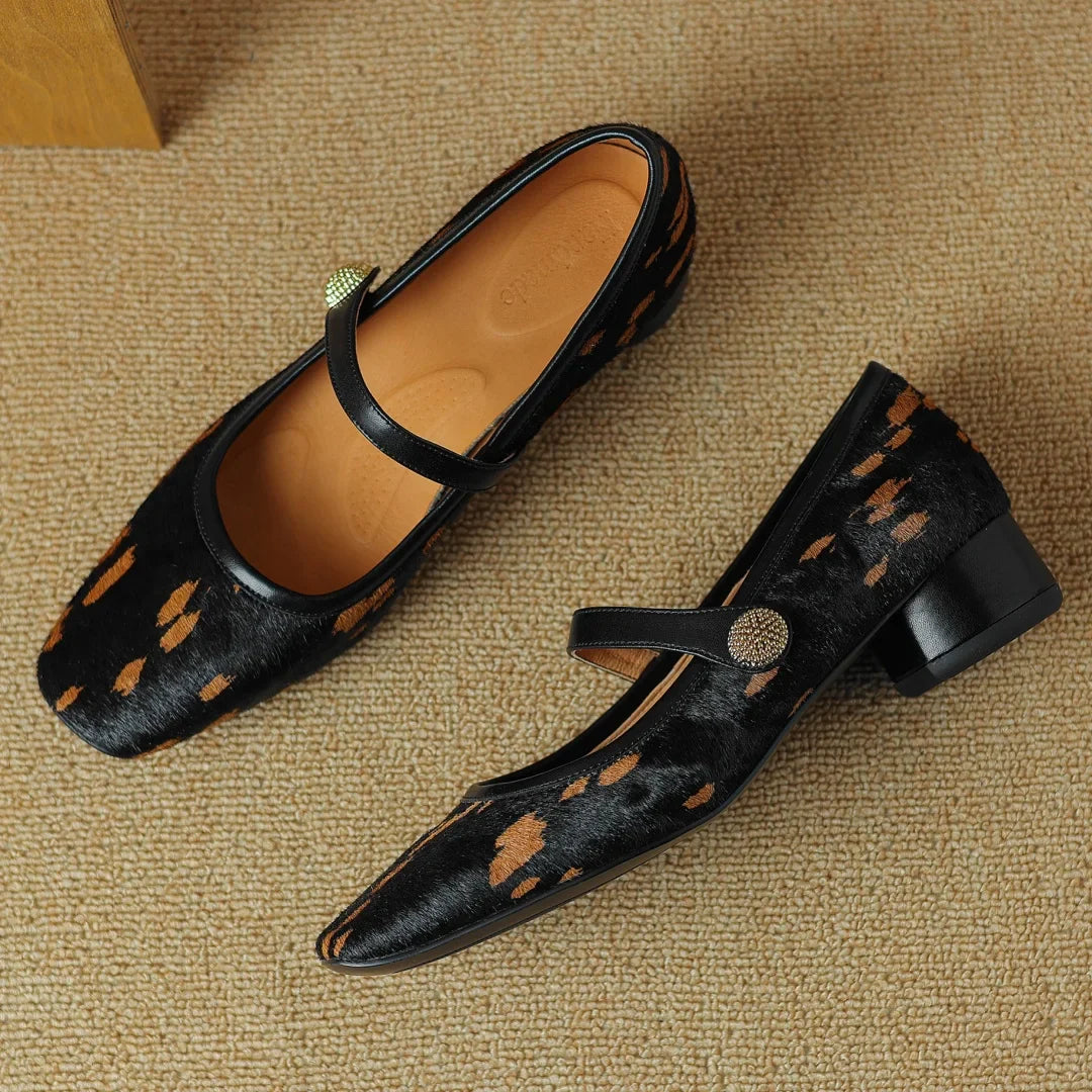 Plus size 34-42 leopard horsehair Mary Jane flats square toe high quality soft comfortable slim elegant shoes hot
