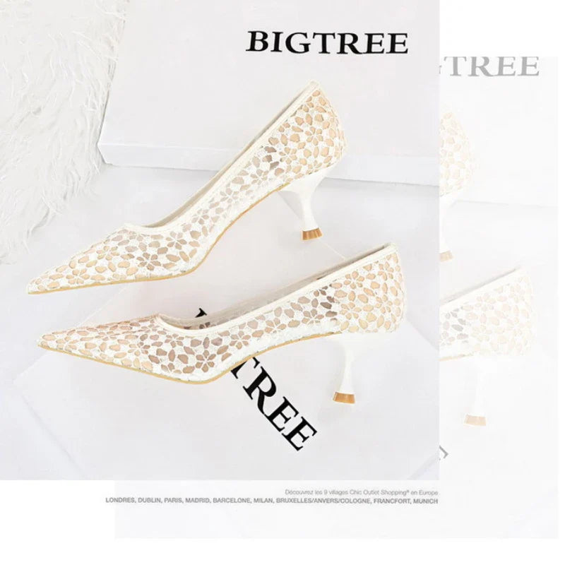 Shoes Banquet Shoes Fine Heel High Heel Pointed -headed Mesh Hollow Lace Shoes