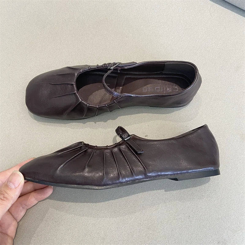 Pleated Mary Janes Flats Shoes Square Toe Pu Leather Comfortable Elegant Red Shoes Shallow Black Ballet Flats