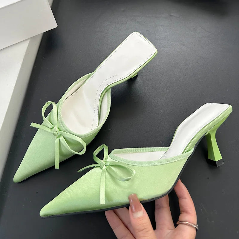 Butterfly-knot Slipper Pointed Toe Slip On Mules Thin Low Heel Zapatos Mujer