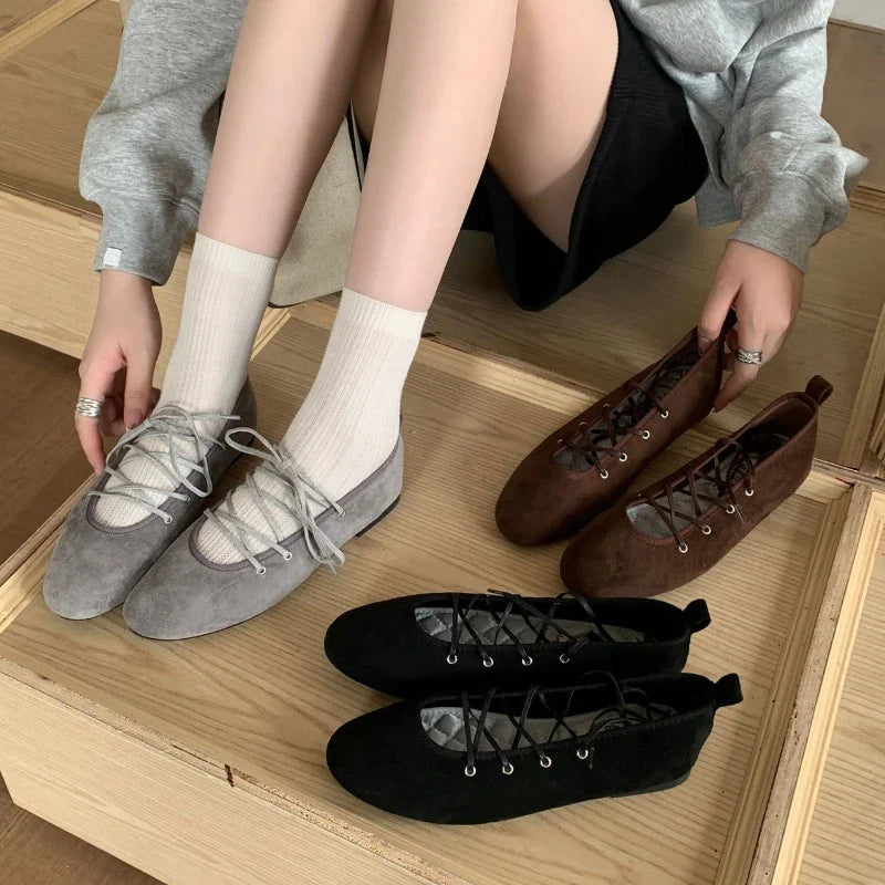 Cross Tied Round Toe Flat Shoes Retro Comfort Shallow Ballet Style Elegant Mary Jane Shoes