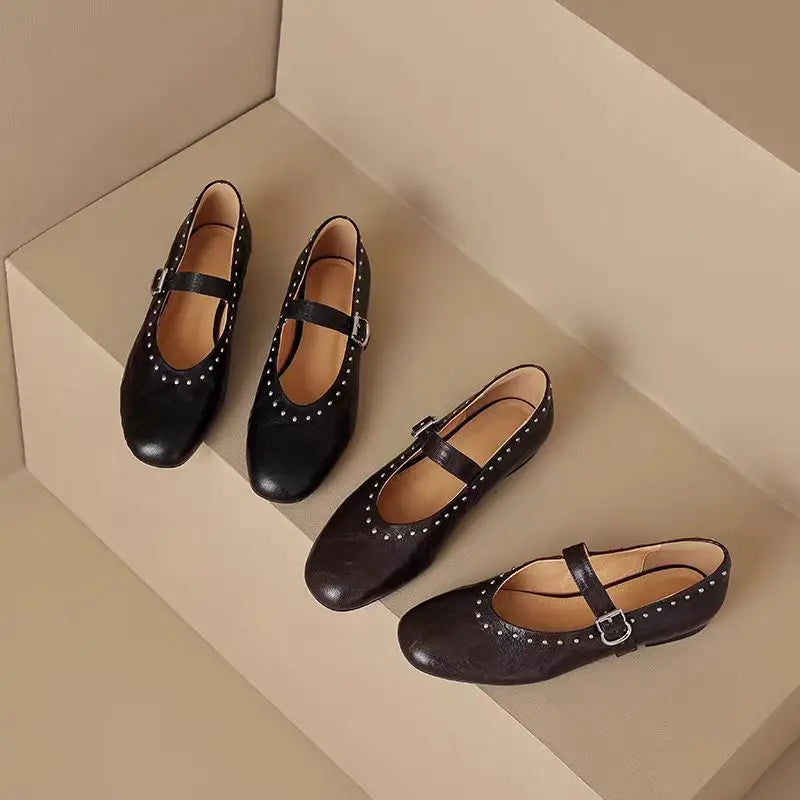 French Retro Mary Jane Ballet Shoes Flat Flat Casual Round Toe Riveted Shallow Mouth Single Shoes