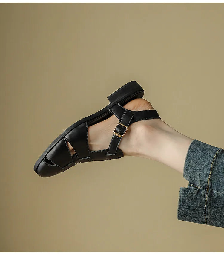 Sandals Low Thick Heel Genuine Leather Hook and Loop Back Strap Casual Sandals Solid Color Shoes