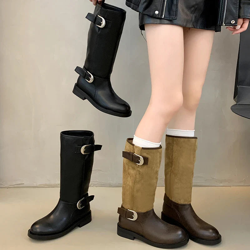 Belt Buckle Knight High Boots Thick Heel Shoes Vintage Slip On Slim Long Booties Zapatos De Muje