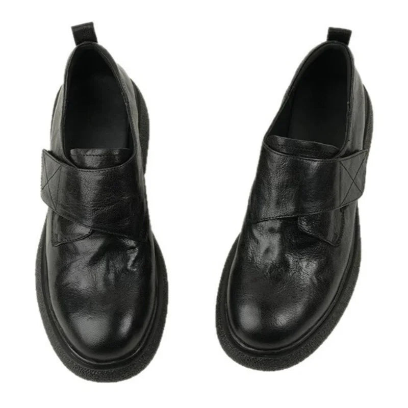 Round Toe Chunky Heels Loafers Casual Elegant Leather Slip On Mid Heels Shoes