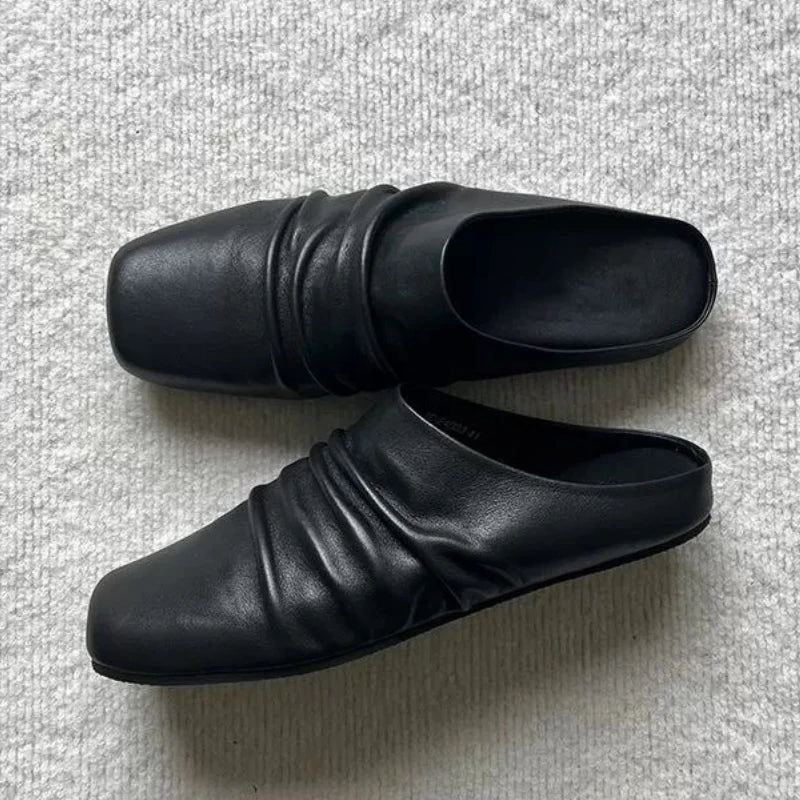 Pleated Leather Flat Mules Shoes Woman High Quality Squared Toe Slippers Comfort Outdoor Casual Flats