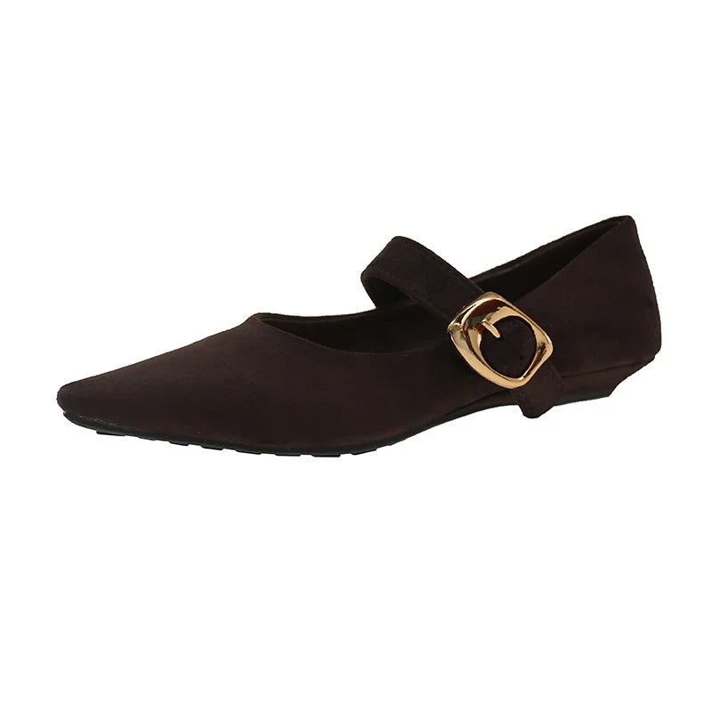 Low Heeled 2cm One Word Buckle Strap Design Solid Color Shallow Mouth Pointed Toe Comfy Low Heeled Shoes