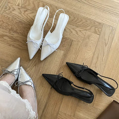 Butterfly-knot Thin Low Heels Sandals Elegant Pointed Toe Slip-On Slingback Shoes