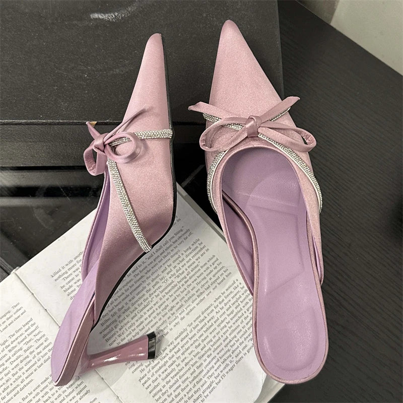 Crystal Butterfly-knot Woman Pumps Design Style Low Heels Pointed Toe Shallow Shoes Slides Mules Slippers