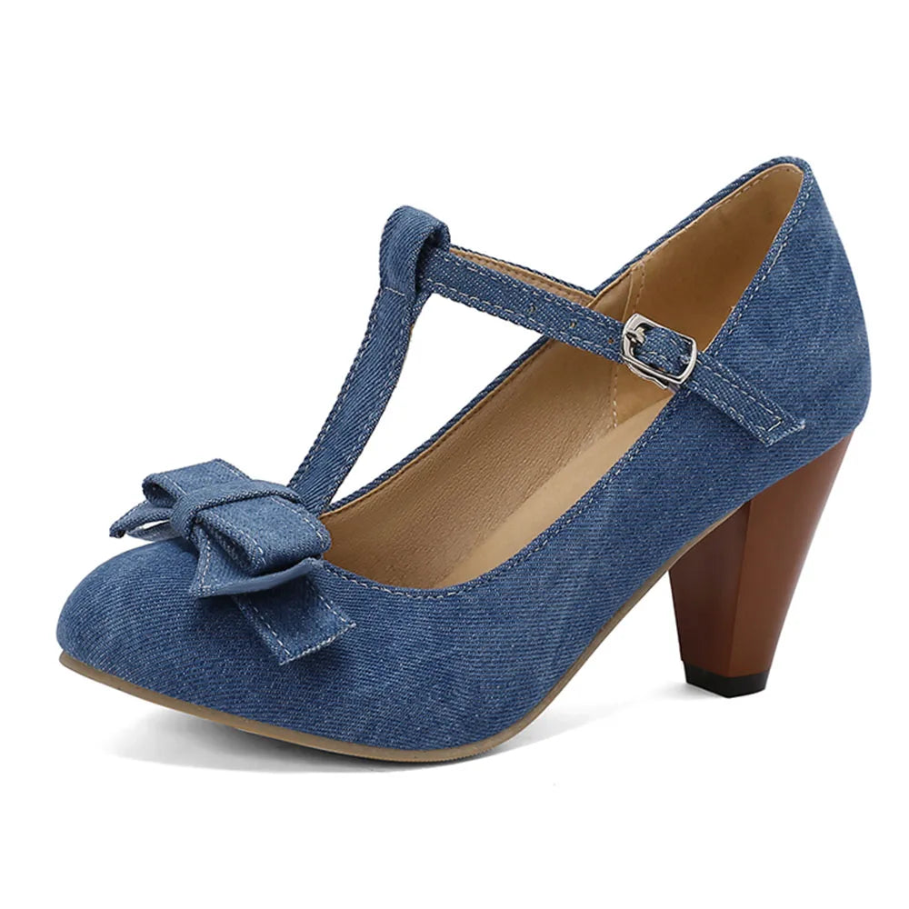 Plus Size 48 Brand Round Toe Chunky Heel Pumps Elegant Bow Buckle Solid Party Shoes
