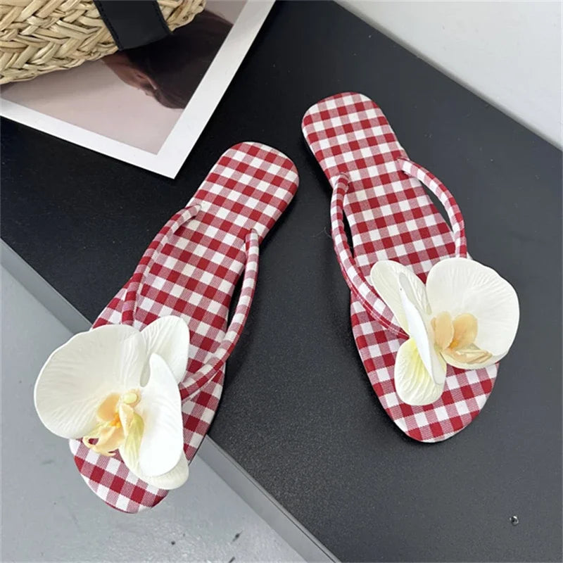Design Flower Geometric Clip Toe Low Flat Heels Slippers Casual Flip Flops Party Shoes