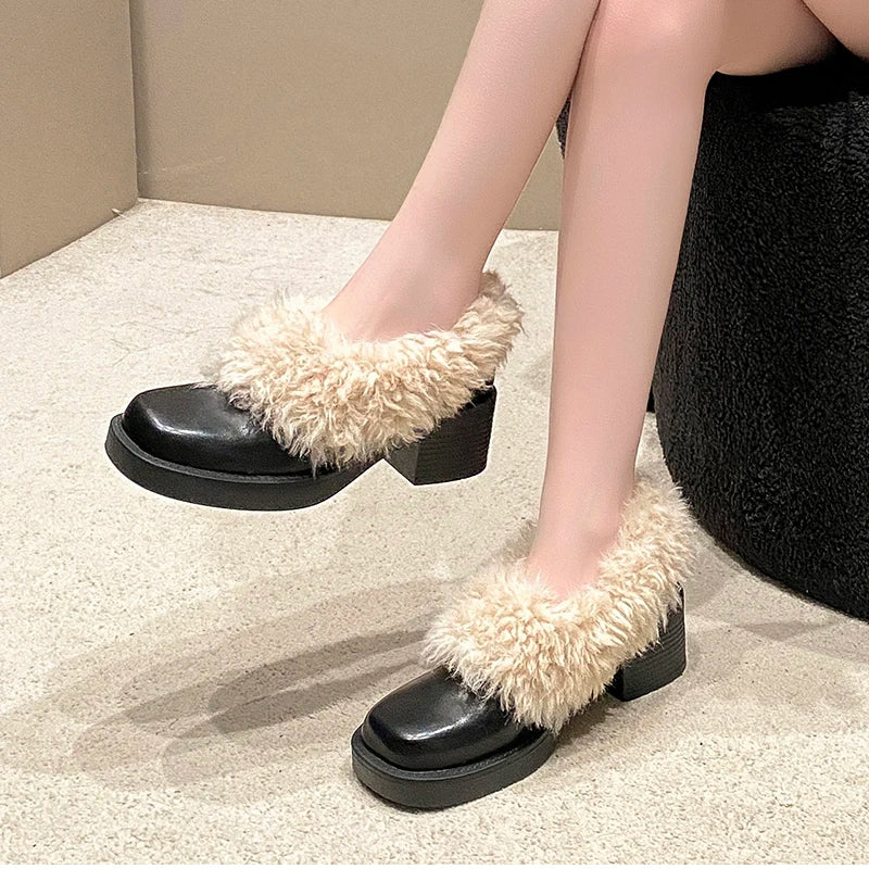 Fur Lining Mary Jane Shoes Elegant Square Toe Slip 2026 Keep Warm Thick Heel Single Shoes