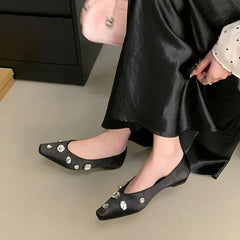 Pink Rhinestones Silk Flats With Shoes Soft Shallow Footwear Crystal Slip On Flats Shoes