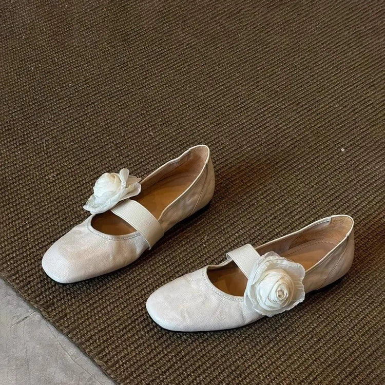 Brown Leather Mary Jane Flats Square Toe Elastic Strap Flower Decoration Stylish Footwear
