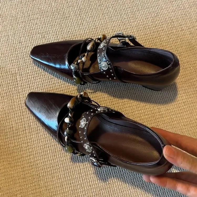 Genuine Leather Flat Shoes Square Toe Mary Jane Style Shoes Bead Decoration Comfortable Loafers Shoes