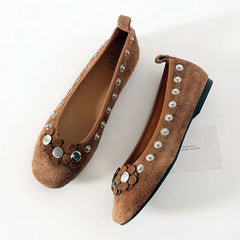 Brown Metal Button Flower Decoration Ballet Flats Faux Suede Design Loafers Elegant Comfortable Mary Jane Shoes