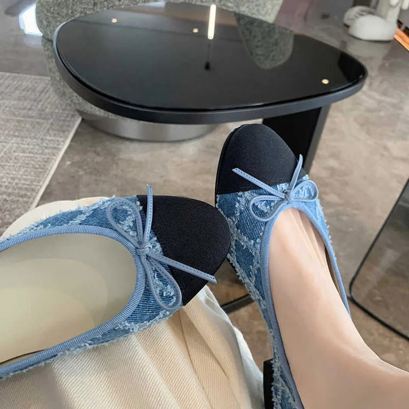 Blue jeans bow flat shoes woman round toe cloth patchwork flats plaid sewing moccasins denim loafers