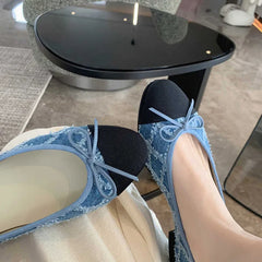 Blue jeans bow flat shoes woman round toe cloth patchwork flats plaid sewing moccasins denim loafers