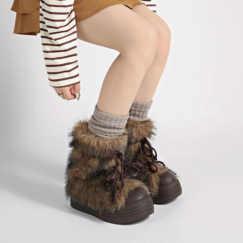 Furry Lace Up Snow Boots Concise Height Increase Shoes Thick Sole Warm Cotton Short Booties Zapatos De Muje