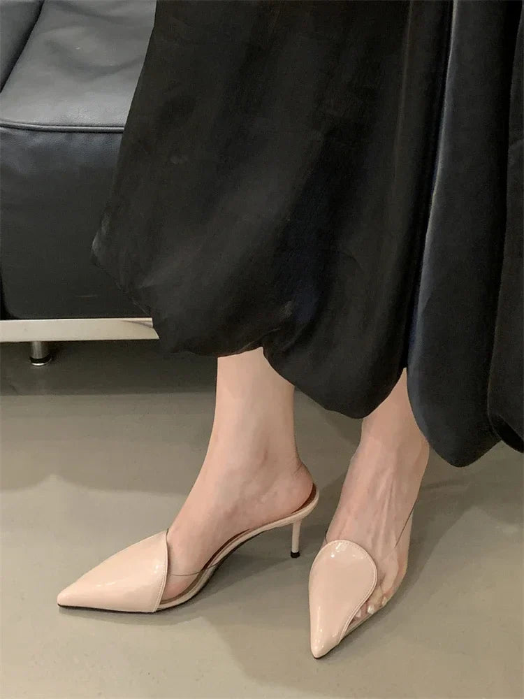 PVC Transparent Thin High Heels Slipper Pointed Toe Stripper Party Mule Slides Shoes Zapatos De Muje