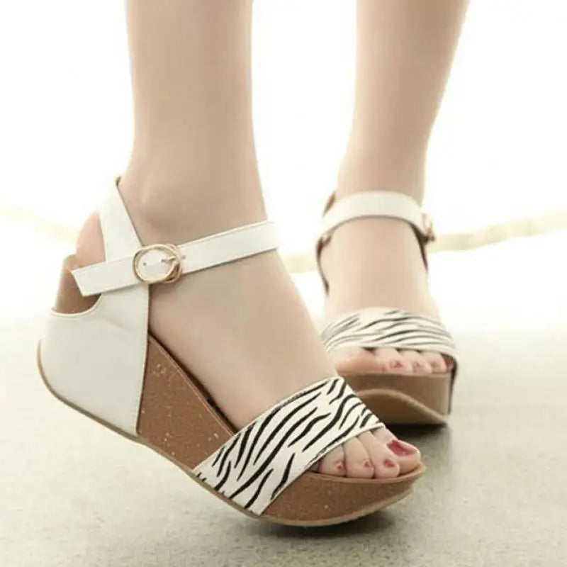 Genuine Horsehair High-heeled Thick-soled Leopard-print Roman Slope-heeled Sandals 32 33 Small Size Shoes