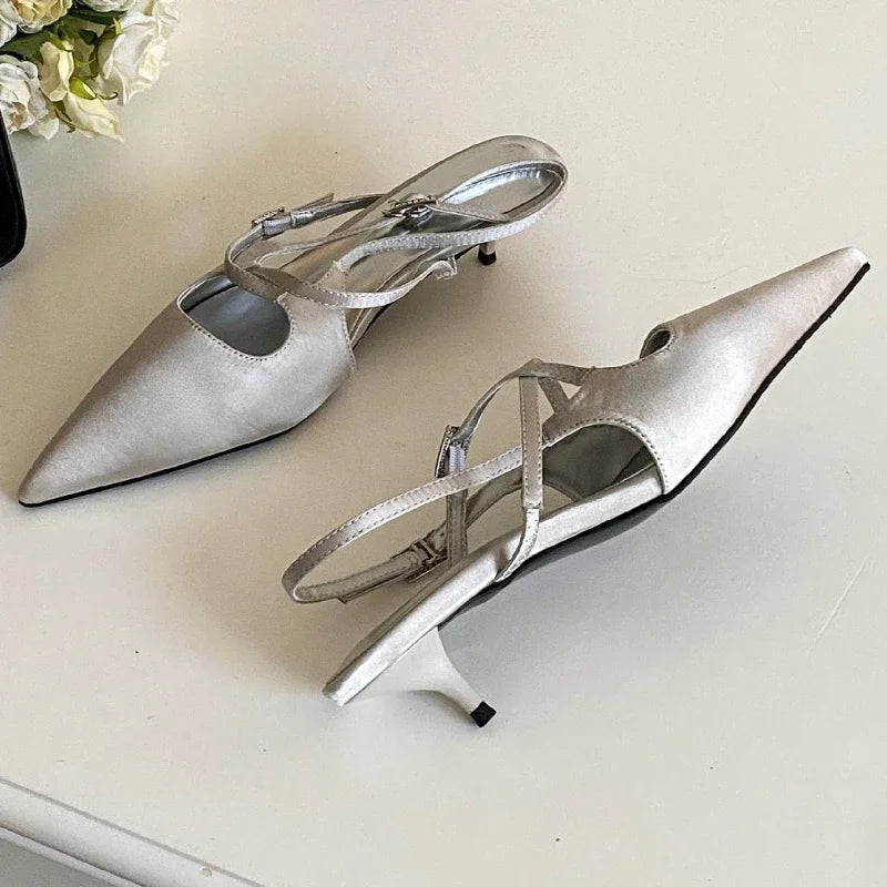 Silk High Heeled Sandals Narrow Band Shallow Low Heel Office Shoes Pointed Toe Pumps Brand Slingback