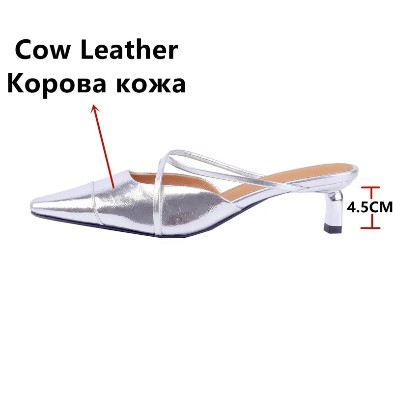 Elegant Party Genuine Leather Thin Heels Mules Slippers Narrow Band Shoes Woman