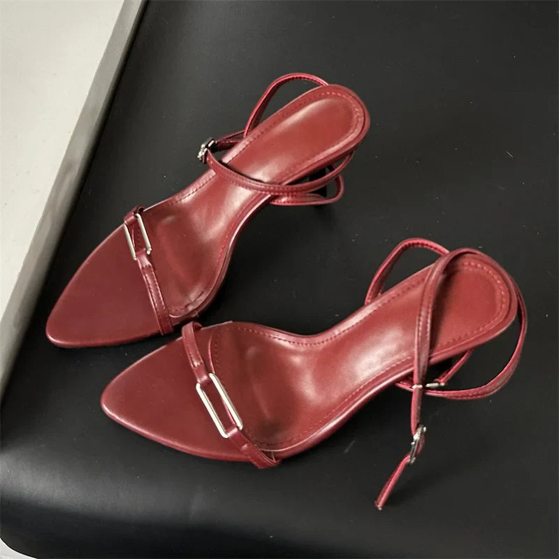 Hollow Out Sandals Pointed Toe Thin High Heels Wedding Shoes Ankle Buckle Strap Pumps