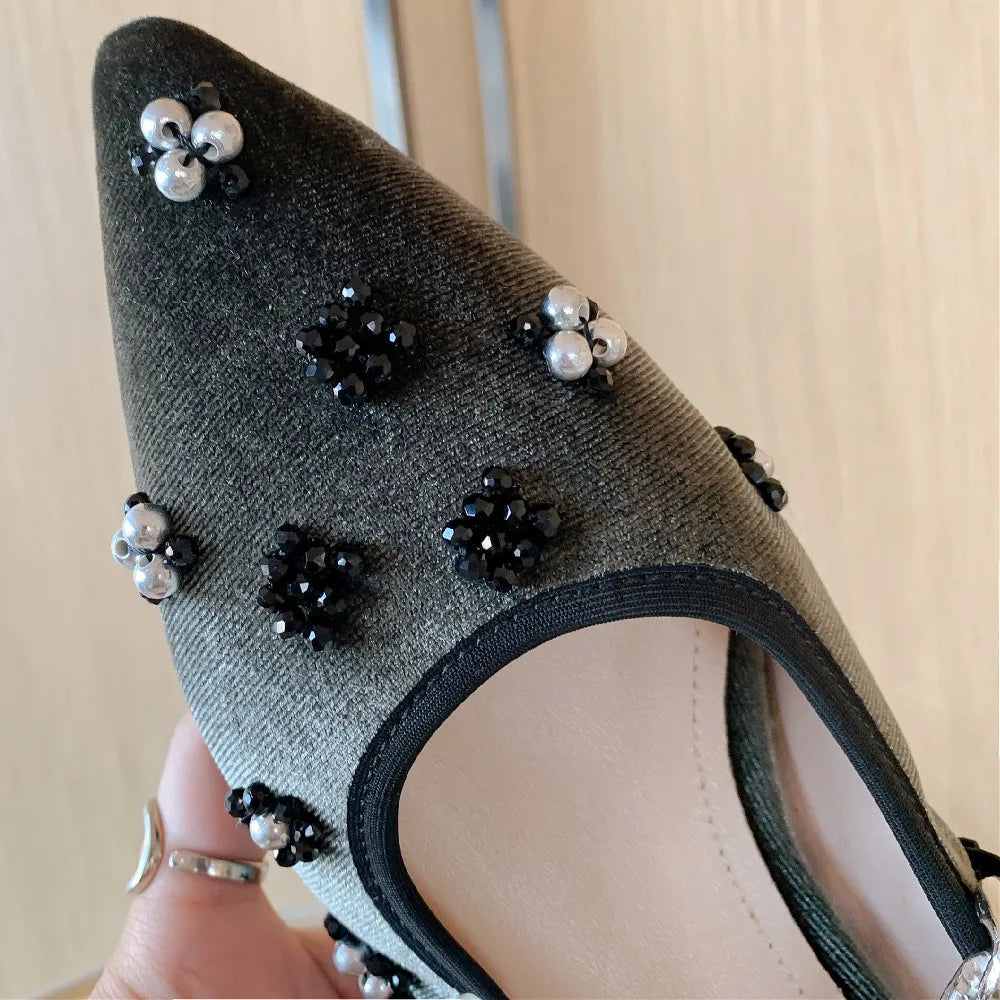 velvet pointed toe slip-on mary jane flats beading decoration casual ballet flats sweet ballerians shoes