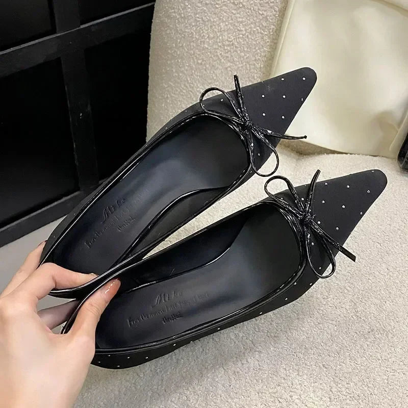 Rhinestone Bow Decoration Pointed Toe Satin Thin High Heels Elegant Banquet Shoes Mules Loafers