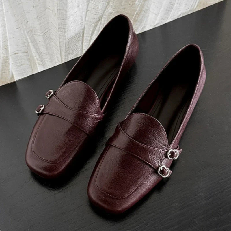 Elegant Burgundy Square Toe Loafers Metal Buckle Stitching Shoes Comfortable Commuting Flat Office Shoes
