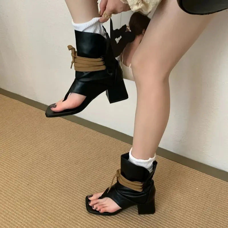 Woman Chunky Heels Boots Thong High-toe Shoes Lace Up High Heels Sandals Trends