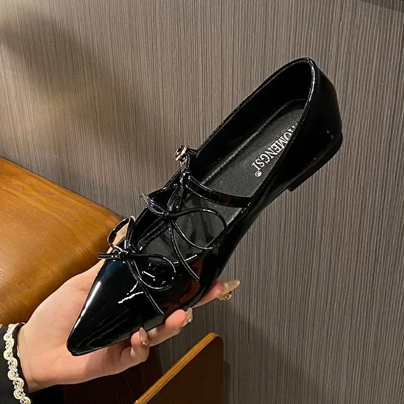 Pointed Toe Metal Buckle Bow T Strap Mary Jane Flats Elegant Banquet Dress Design Comfortable Single Shoes