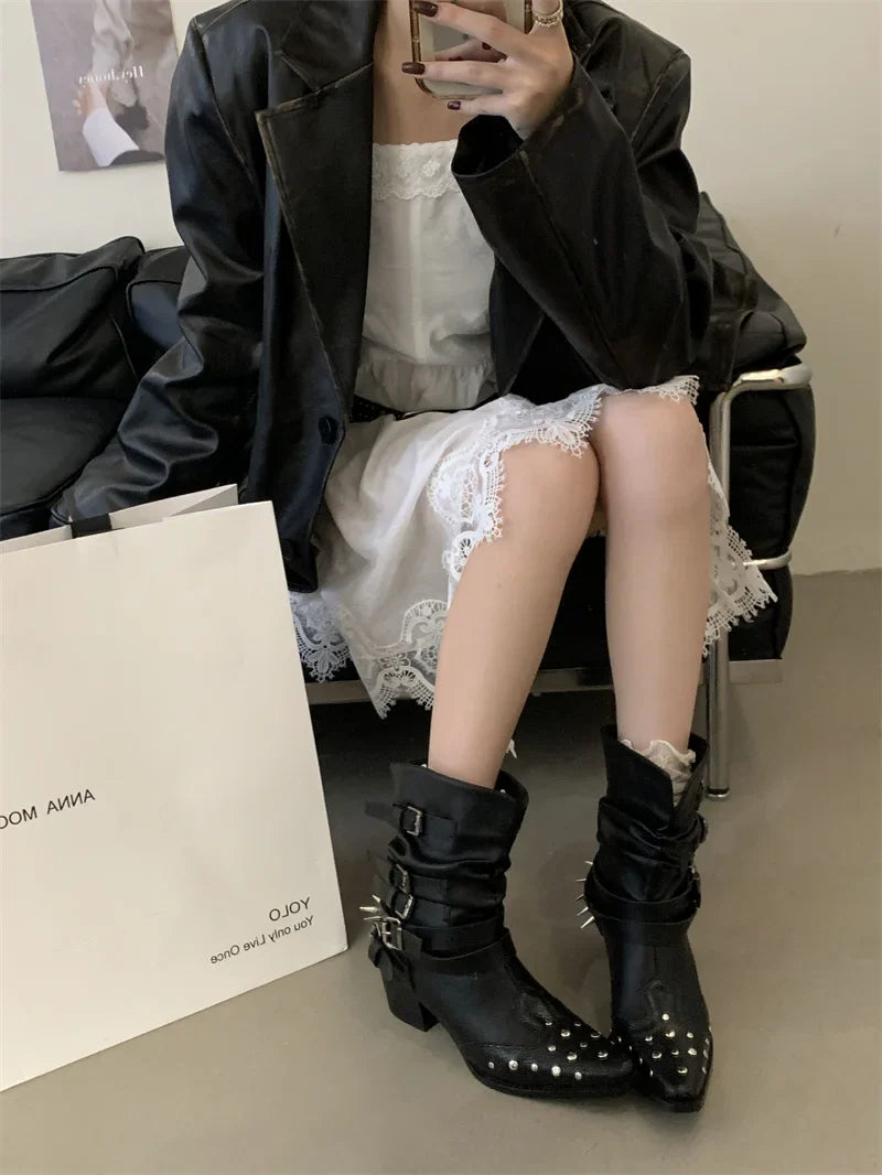 Black Gothic Shoes Platform Rivet Belt Buckle Chunky Heels Ankle Boots Punk Woman Cowboy Western Boots Arrival