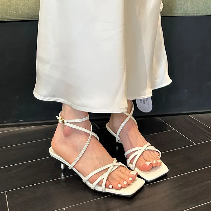 Cross-tied Low Heel Sandals Shoes Shallow Square Toe Footwear Heeled Shoes Sandals Pumps