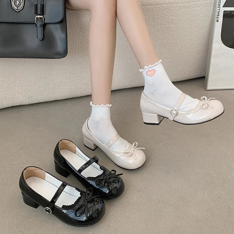 Round Toe JK Mary Jane Shoes Concise Outdoor Butterfly-knot Pumps Leather Shoes