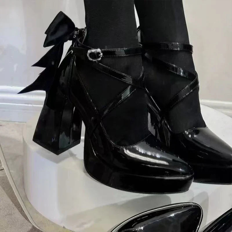 Bow High Heels Mary Jane Shoes Pointed Toe Shoes Platform Sandals Lolita Party Pumps Chunky Zapatos Woman